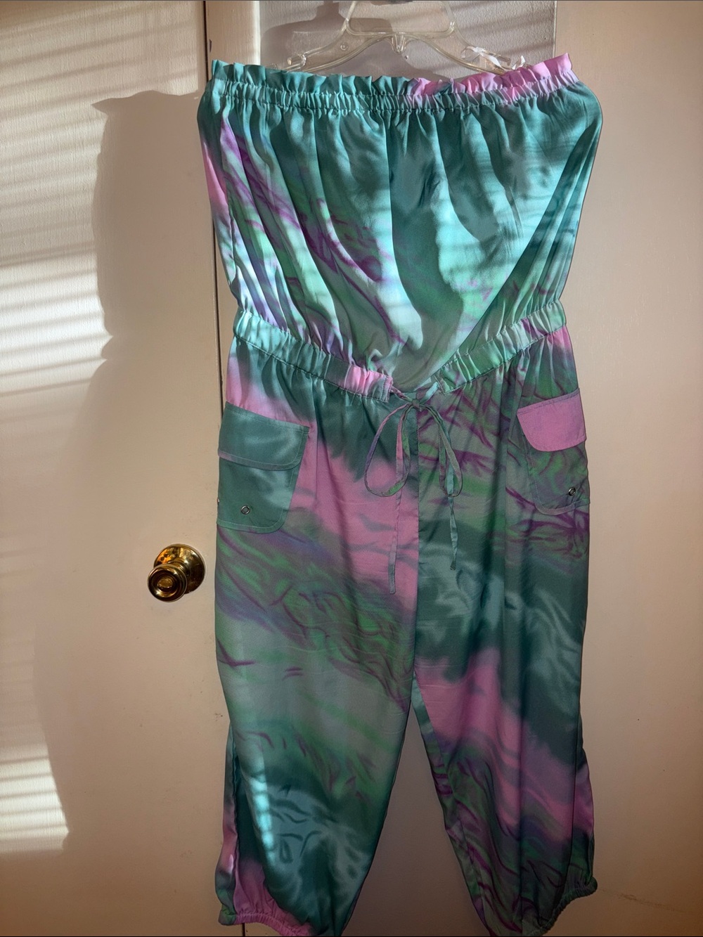 Strapless Tie-Waist Jumpsuit in Teal & Lavender
